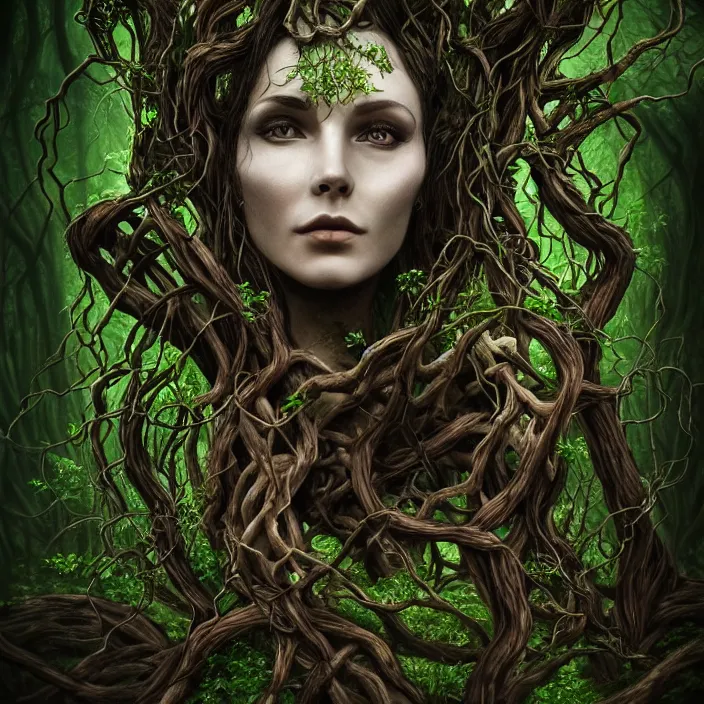 Image similar to female dryad, entwined by roots and vines, dark forest, surreal, nature, light shining through, hyper - realistic, highly detailed, sharp focus, smooth, intricate