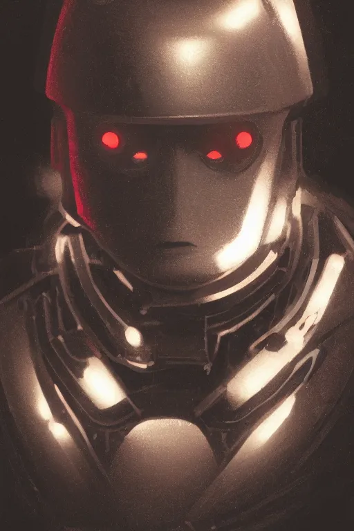 Image similar to a close-up portrait of a damaged robot, dramatic backlighting, autochrome, high contrast, highly detailed, sharp focus, digital painting, concept art, illustration, rock, chiaroscuro, trending on artstation, art mike mignola, compostion by michelangelo