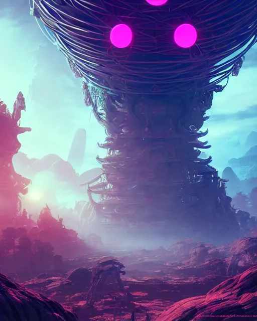 Prompt: spiral alien temple, beautiful landscape!!!, nier automata, protoss!!, machine planet, glass obelisks, mothership in the sky, pink sun, tropical forest, colorful light, advanced technology, cinematic lighting, mysterious, epic scale, highly detailed, masterpiece, art by bastien grivet and darwin cellis and jan urschel
