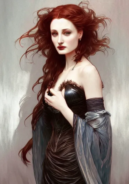 Image similar to sansa angeline jolie gessica chastain victorian vampire, intricate, elegant, highly detailed, digital painting, artstation, concept art, smooth, sharp focus, illustration, art by artgerm and greg rutkowski and alphonse mucha and william - adolphe bouguereau