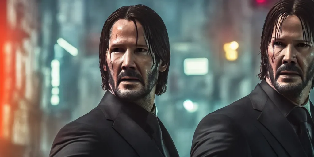 Image similar to a still of John Wick in Blade Runner 2049, 4k, detailed face, realistic face, cinematic lighting