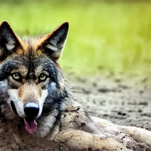 Image similar to professional photograph of a mud - colored wolf, high quality, hd, 8 k, 4 k, magnificent, award - winning, nature, nature photography, awe - inspiring, highly detailed, amazing