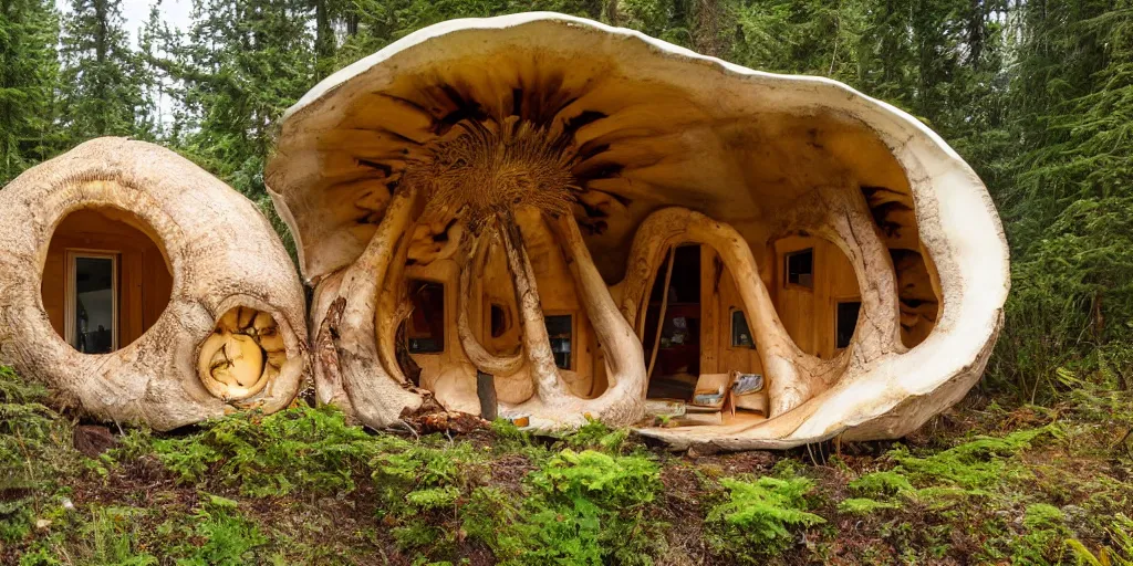 Prompt: cozy residence made from an enormous amantia mushroom, pacific northwest