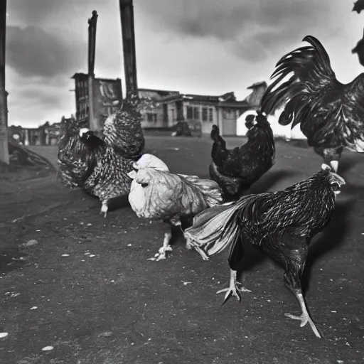 Prompt: A group of chickens wearing gang bandanas, eye-catching , dramatic, photographed by Henri Cartier-Bresson on a Leica camera