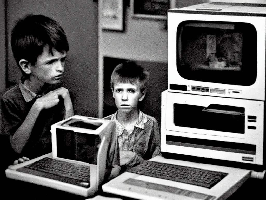 Prompt: boy looking at the PC computer from 90s by Laurie Lipton, grainy film kodak