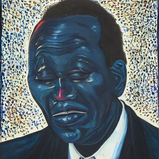 Image similar to a painting of a loving, caring fatherly wide forehead, round face, XXL , generous, ever-present, humble, wise elder from Kenya in a suit by Wangechi Mutu . Fatherly/daddy, focused, loving, leader, relaxed. Blue background, heavenly lights, details, smooth, sharp focus, illustration, realistic, cinematic, artstation, award winning, rgb , unreal engine, octane render, cinematic light, macro, depth of field, blur, red light and clouds from the back, highly detailed epic cinematic concept art CG render made in Maya, Blender and Photoshop, octane render, excellent composition, dynamic dramatic cinematic lighting, aesthetic, very inspirational, arthouse.