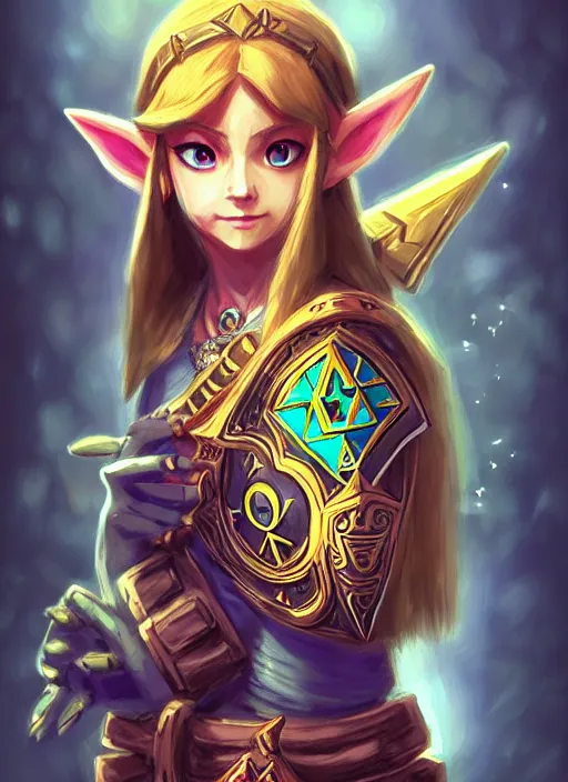 Image similar to zelda with triforce, majora's mask, fantasy, intricate, elegant, highly detailed, digital painting, artstation, concept art, wallpaper, smooth, sharp focus, illustration, art by wlop