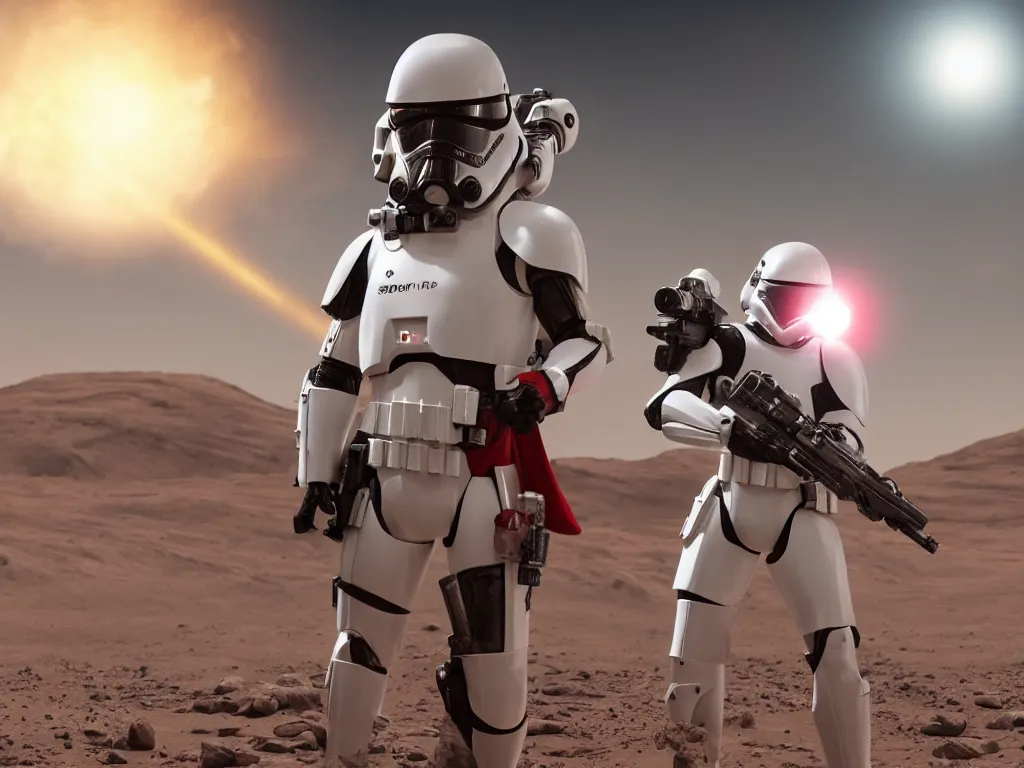 Image similar to one space trooper in glossy sleek white armor with small red details, long red cape, not wearing a helmet, heroic posture, aiming laser rifle, on the surface of mars, explosions in the background, night time, dramatic lighting, cinematic, sci-fi, hyperrealistic, movie still