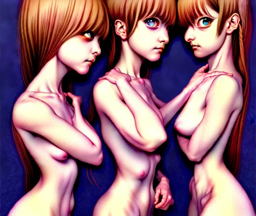 Image similar to richly detailed colored pencil 3D illustration of twin sisters who are resigned to their fate of being turned into hollow shells by an evil demon sent by Satan to alter them. subtly sensual art by Range Murata and Artgerm.