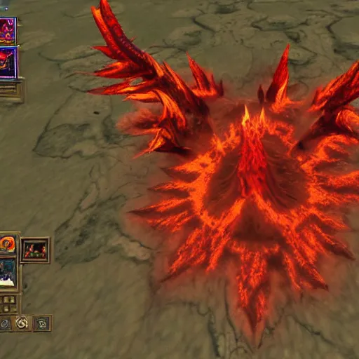 Image similar to TzKal-Zuk at the Inferno, old school runescape, lava river, magma, large shield of magma, obsidian pillars