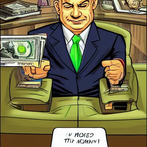 Prompt: A portrait of Benjamin Netanyahu as a green villain sitting in his office, money-themed, by Jim Lee, comic illustration, detailed