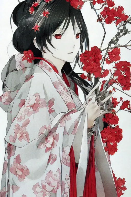Prompt: beautiful girl, silver hair, white kimono with complex red flower (patterns), full body, looking to camera, showing her shoulder from back, ilustration by ((Takehiko Inoue)) ((and Krenz Cushart))