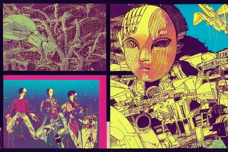 Prompt: risograph grainy drawing vintage sci - fi, satoshi kon color palette, gigantic gundam, covered with exotic flora, 1 9 8 0, kodachrome, natural colors, comicbook spreadsheet, codex seraphinianus painting by moebius and satoshi kon and dirk dzimirsky close - up portrait