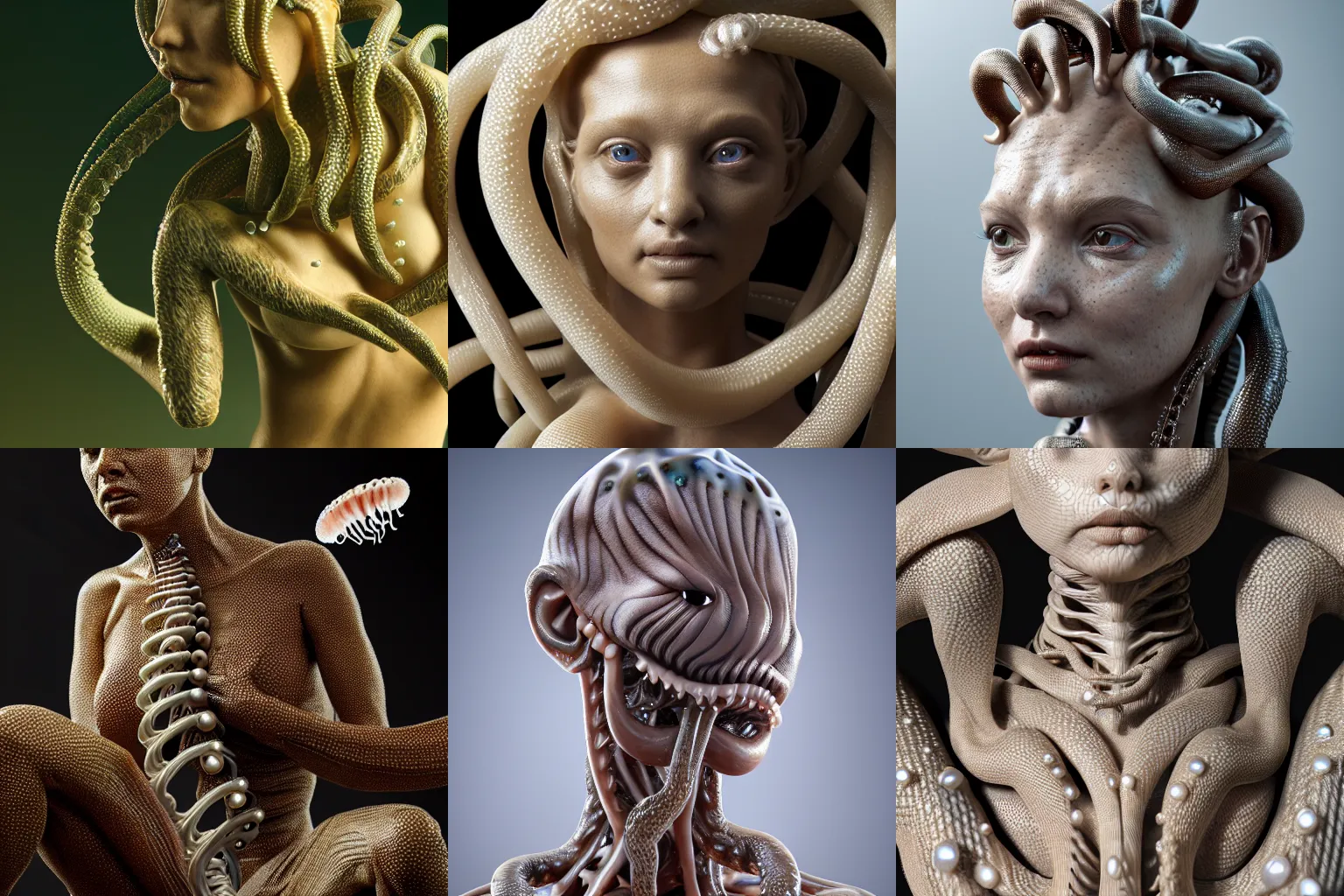 Prompt: incredibly realistic, too detailed sculpture, biomechanical amphibian medusa, made of lab tissue, carbon fibers, real pearls, jellyfish gelatin, octane render, bump mapping, macro image, global illumination, 8k, bokeh