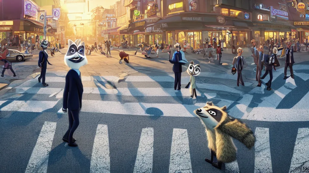 Image similar to An anthropomorphic raccoon businessman walking down a busy crosswalk at sunset, warm lighting, zootopia, other anthro characters are walking by him, extremely detailed, HDR