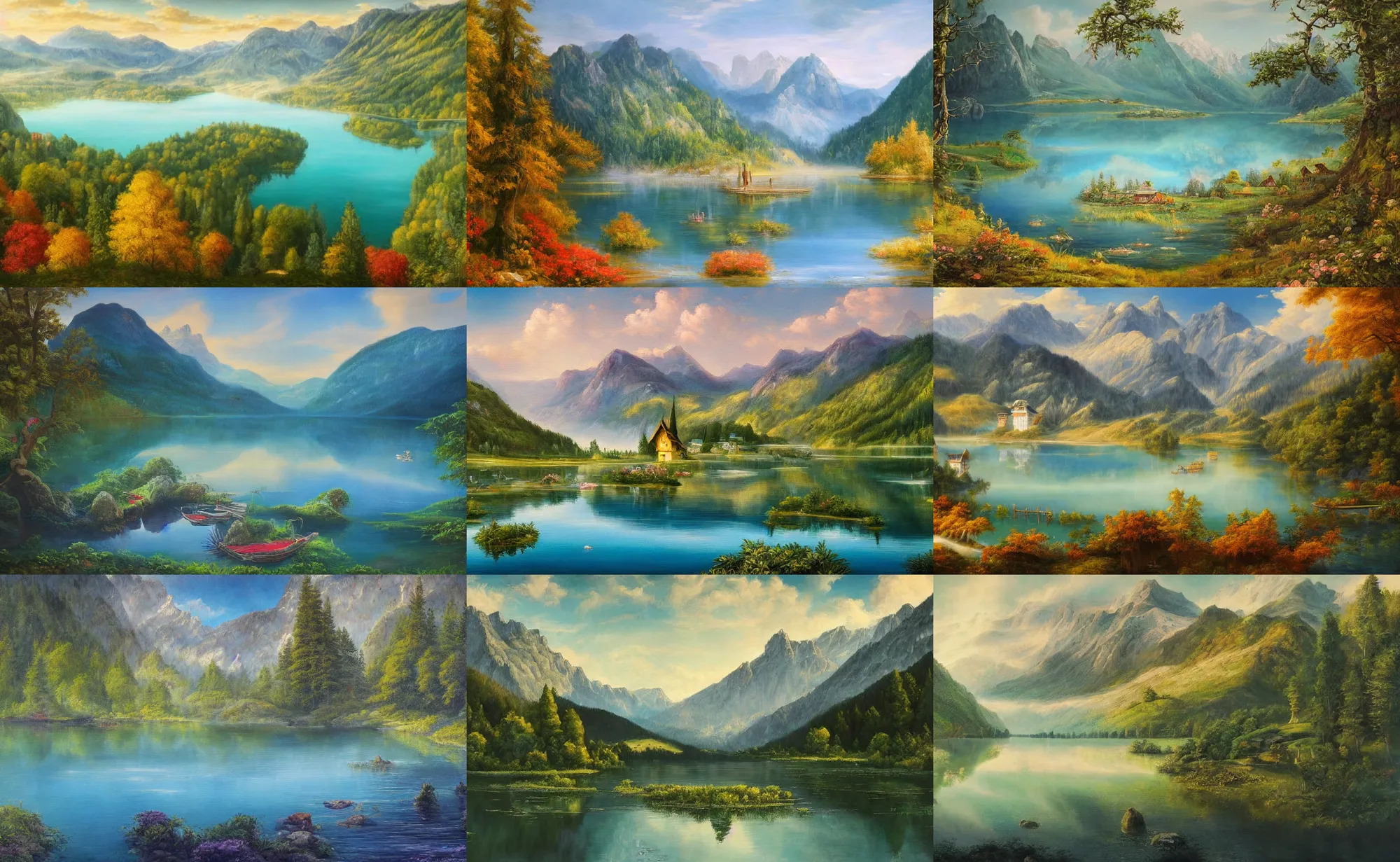 Image similar to beautiful award winning mythical painting of an austrian lake, 4 k, ultra hd