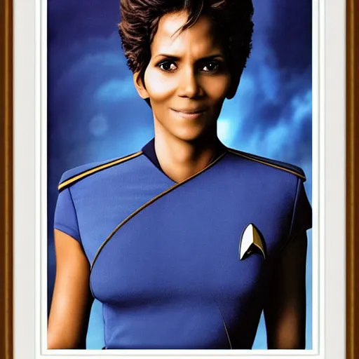 Image similar to a beautiful full body photograph of halle berry as a star fleet admiral from star trek next generation, full dress uniform, symmetrical face, extreme realism and detail, 8 k, completely framed, direct lighting, 3 5 mm photo, photorealistic, sharp focus