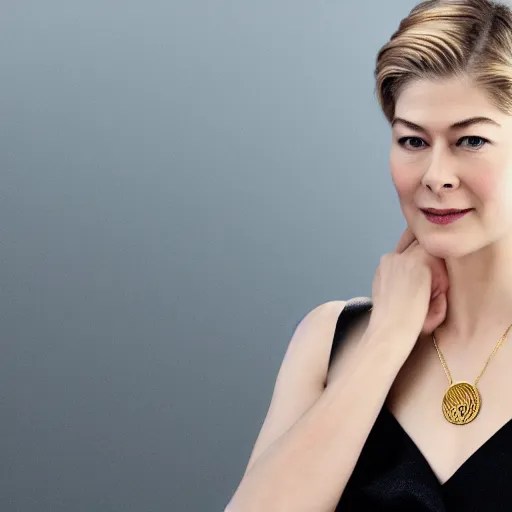 Image similar to rosamund pike wearing black robe and golden necklace cinematic photoshoot high quality highly affordable photo realistic 8 k hd