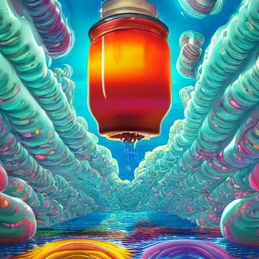 Prompt: jelly rococo gel beehives bursting plasma and colorful auras, liquid, drippy, splashing, scifi 3 d paint spray by beeple, rob gonsalves, jeff koons, jacek yerka, m. c. escher