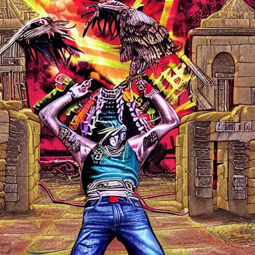 Prompt: nostalgic 2000s Aztec cyberpunk ritual, shaman wearing JNCO jeans rips an iPod from the sacrificial victim's chest, Eminem posters on the walls of the adobe temple, history textbook illustration