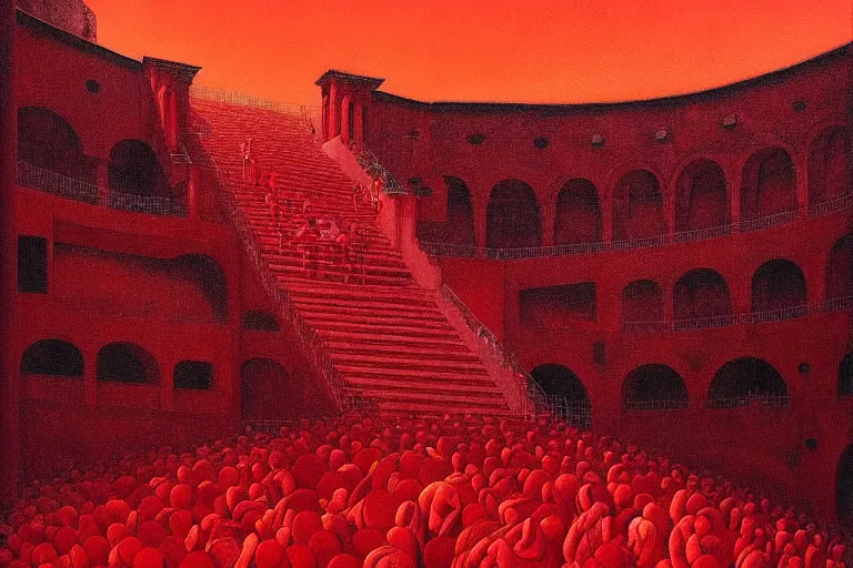 Image similar to only with red, a red great emperor, taormina amphitheatre, crowd with big smile, in the style of beksinski, parts by edward hopper, parts by rodcenko, parts by yue minjun, intricate and epic composition, red by caravaggio, insanely quality, highly detailed, masterpiece, red light, artstation, 4 k