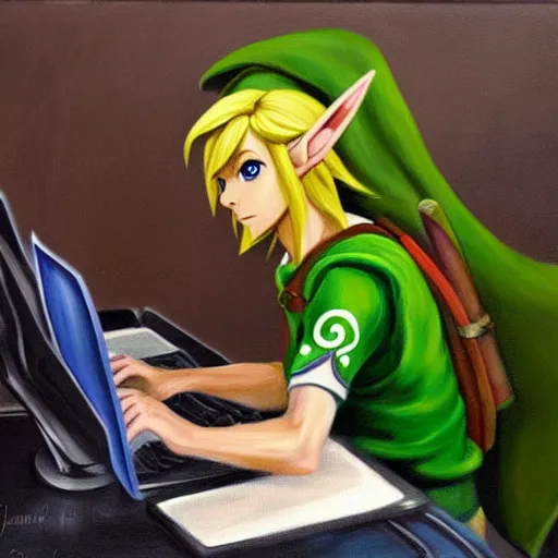 Image similar to link from zelda using computer, painting by by ralph grady james, jean christian biville