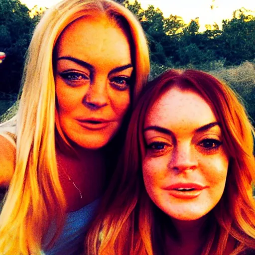 Image similar to Selfie photograph of Lindsay Lohan and Lindsay Lohan, golden hour, 8k,