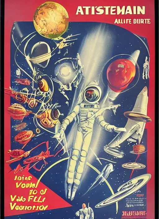 Image similar to vintage movie poster with aliens, astronauts, flying saucers and planets, occult alien symbols