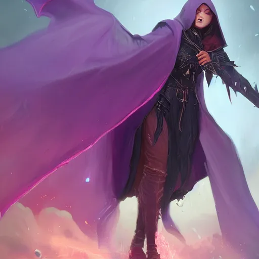 Image similar to full body, female warlock long hood cloak purple, fighting monster with magic, 8 k, trending on artstation by tooth wu and greg rutkowski