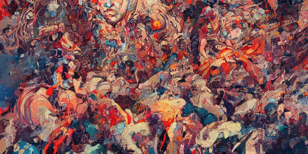 Prompt: highly textured oil painting modern art abstract exhibition with alot of people by james jean and katsuhiro otomo and erik jones, inspired by akira anime, smooth texture, intricate oil painting, high detail illustration, sharp high detail, long exposure