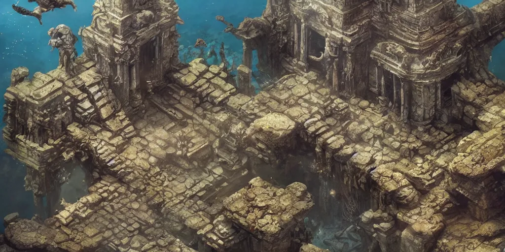 Prompt: Underwater ancient temple, statues, rubble, broken pillars, fishes, coral, Monster Hunter Illustrations art book, Moebius, Greg Rutkowski, Zabrocki, Karlkka, Jayison Devadas, Phuoc Quan, trending on Artstation, 8K, ultra wide angle, zenith view, pincushion lens effect.