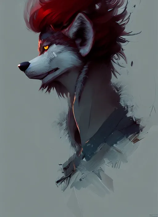 Prompt: award winning portrait of a male anthropomorphic dark gray wolf red hair. character design by cory loftis, fenghua zhong, ryohei hase, ismail inceoglu and ruan jia. artstation, artistic lighting, highly detailed, photorealistic, fantasy