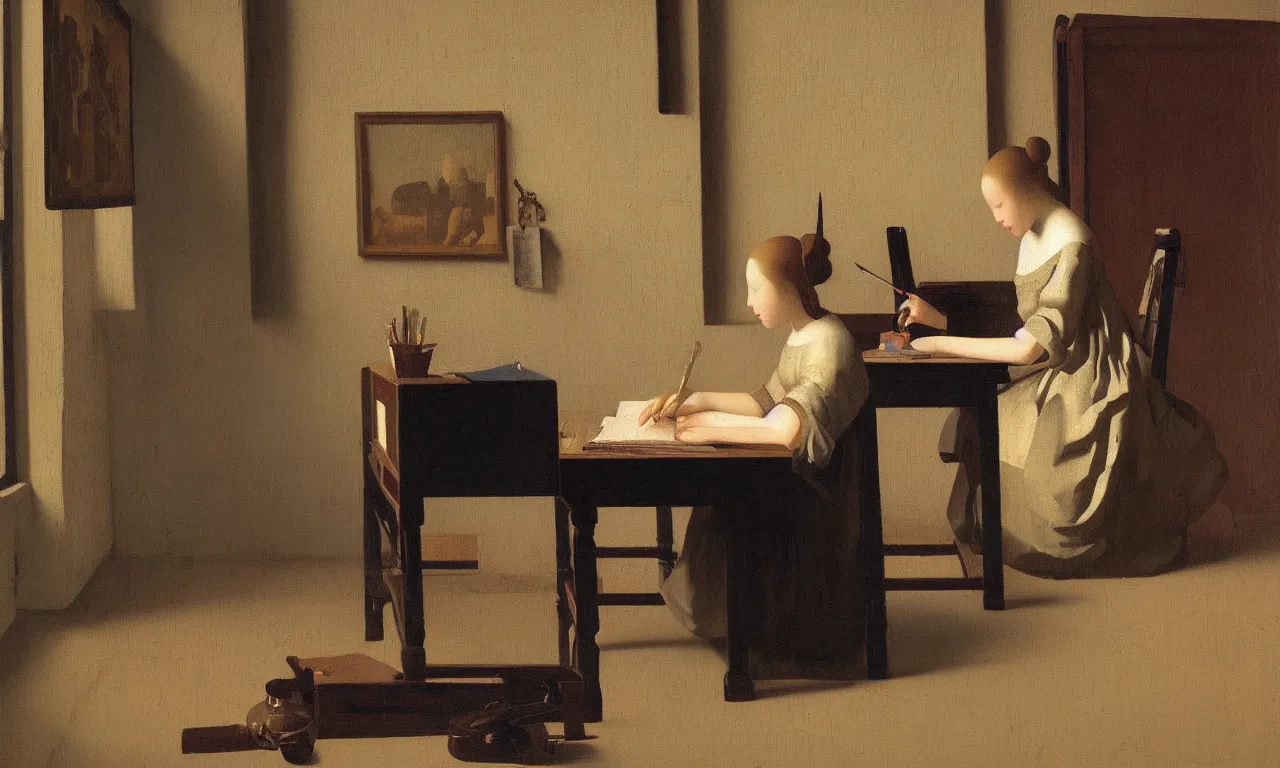 Prompt: a beautiful painting of lofi girl studying at her desk by Johannes Vermeer trending on Artstation