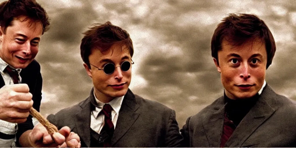 Prompt: a screenshot of Elon Musk and Harry Potter flying with Harry’s broom, in a late 2000’s movie, low quality, vhs quality