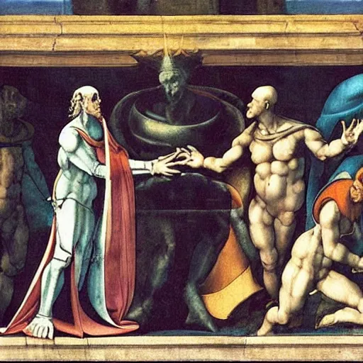 Prompt: An extraterrestrial being invited to the papal court in 1512. Painting by Michelangelo