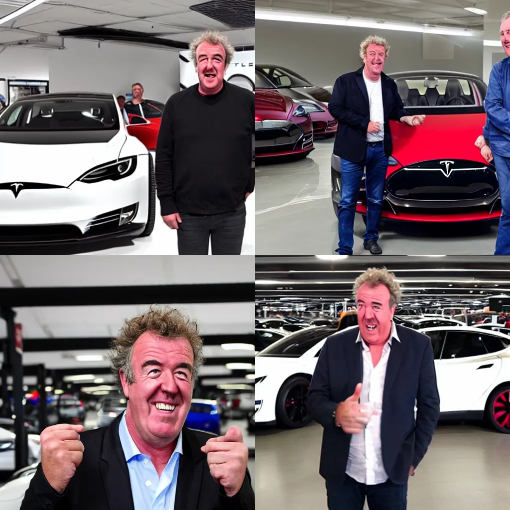 Prompt: jeremy clarkson ecstatic to be in a tesla dealership