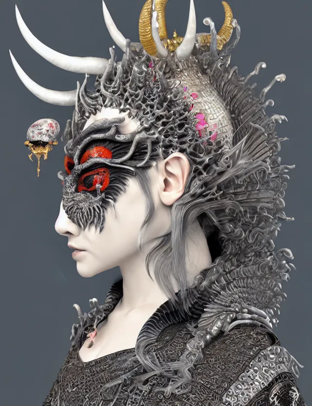 Image similar to 3 d goddess close - up profile satan biohazard portrait with crown, ram skull. beautiful intricately detailed japanese crow kitsune mask and clasical japanese kimono. betta fish, jellyfish phoenix, bio luminescent, plasma, ice, water, wind, creature, artwork by tooth wu and wlop and beeple and greg rutkowski