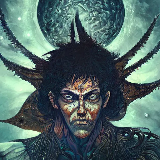 Image similar to 4K headshot portrait of godlike Astronomer with defined arms and open hands and bloody clothes with giant mandala wings , intricate face , flawless anime cel animation by Kentaro Miura, psychedelic , highly detailed upper body , professionally post-processed , beautiful, scary, symmetry accurate features, epic, octane rendered, anime masterpiece, accurate by Craig Mullins, ilya kuvshinov, krenz cushart, epic , artgerm trending on artstation by Edward Hopper and Dan Mumford and WLOP and Rutkovsky, beksinski carl spitzweg moebius and tuomas kocar, intricate artwork by caravaggio, Unreal Engine 5, Lumen, Nanite