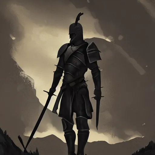 Prompt: Silhouette of a male warrior wearing knight armor holding a sword and shield, facing away towards a mountain in the distance, digital art, digital painting, matte painting, very beautiful, highly detailed, fantasy artwork, dnd