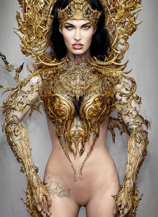 Image similar to a portrait of megan fox by stefan geselle and nekro borja, photorealistic, intricate details, hyper realistic, fantasy, elegant, baroque gold headpiece, photorealistic, canon r 3, photography, wide shot, symmetrical features, symmetrical pose, wide angle shot, head to toe, standing pose, feet on the ground, wearable art