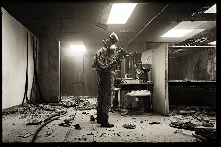 Image similar to welder in welding mask in abandoned office building, ominous lighting, by richard avedon, tri - x pan stock