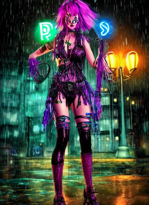 Image similar to An epic fantasy comic book style full body portrait painting of a very beautiful cybergoth Hula Dancer in the rain, neon reflections in the rain puddles, character design by Mark Ryden and Pixar and Hayao Miyazaki, unreal 5, DAZ, hyperrealistic, octane render, cosplay, RPG portrait, dynamic lighting, intricate detail, cinematic