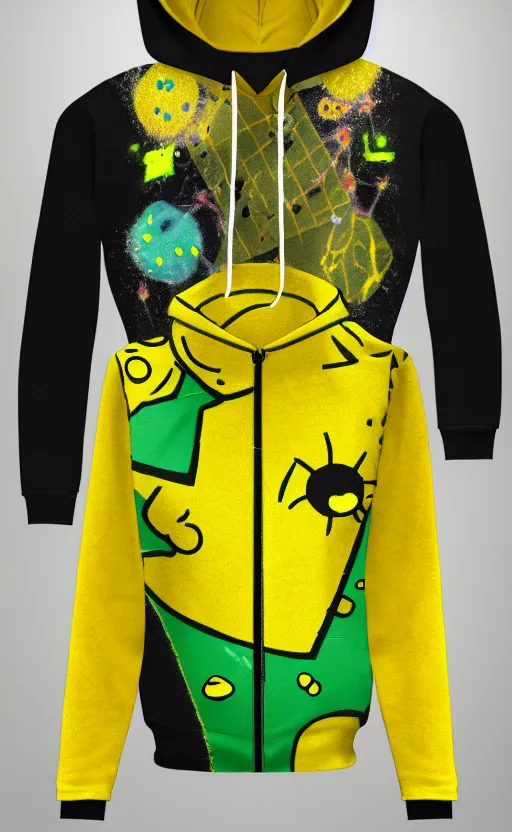 Image similar to spongebob hoodie, yellow and green, trendsetter, fiction, stability, intricate, elegant, 8 k, uhd, justify, artstation, concept art, matte, sharp focus, illustration, consistent, highly detailed object content, proportional object content