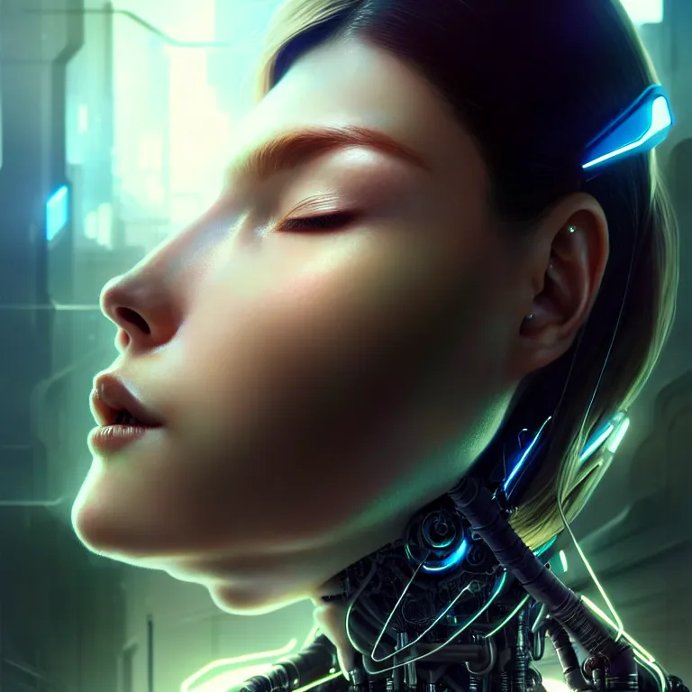 Image similar to ultra realistic, beautiful cyborg woman eyes closed, metahuman, cyberpunk, sci-fi, magic, fantasy, intricate details, elegant, highly detailed, digital painting, octane render, clay render, artstation, concept art, smooth, sharp focus, eerie, illustration, 8k, HD, art by artgerm and greg rutkowski and alphonse mucha