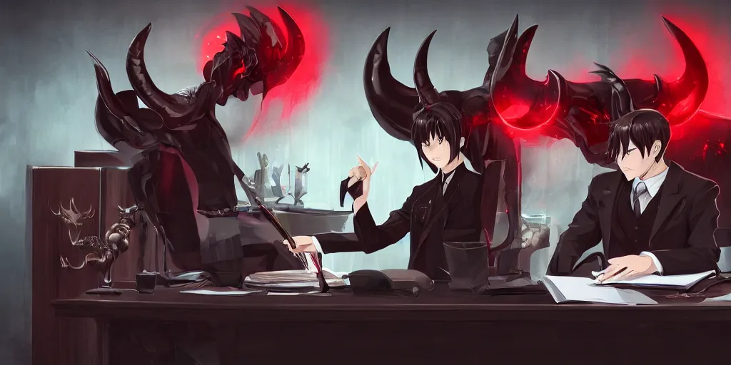 Prompt: dark lord sitting at desk large horns and suit, medium shot, portrait, semi realistic anime, red demon cyberpunk symbols