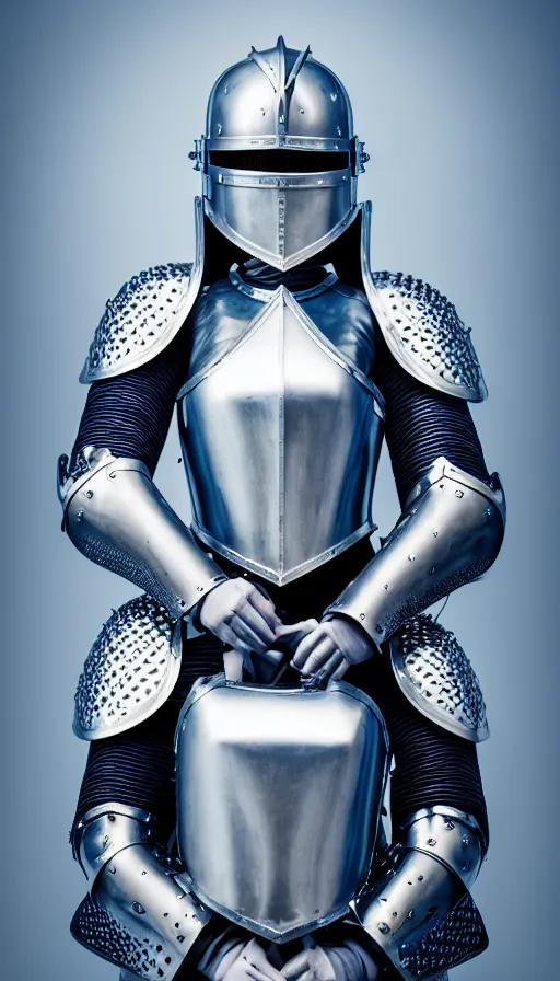 Image similar to female knight, no helmet, blue eyes, armor created by louis vuitton, lv logos all over the metal, symmetrical, cinematic, elegant, professional studio light, real dlsr photography, sharp focus, 4 k, ultra hd, sense of awe