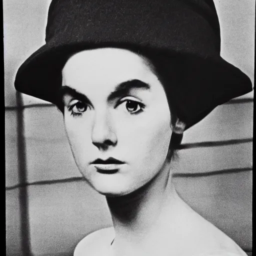 Prompt: still from a masterpiece 1 9 6 0 s french art film, beautiful girl in beret with large eyebrows in the background sits with an angry expression, moody lighting, viewed from afar, cinematic shot