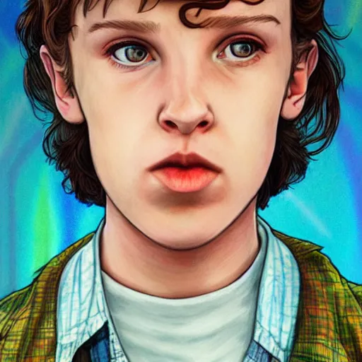 Image similar to beautiful side portrait of Eleven from Stranger things in a scenic!!! Environment!! by martine johanna, lines ,figurativism!, portrait,