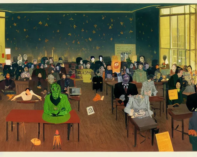 Image similar to the horror of beaurocracy, papers, horror, desks, office, waiting, stress, frustration, anger, crowded, harsh cinematic lighting, high qulity, 4 k, by charles addams and hilma af klint and affandi