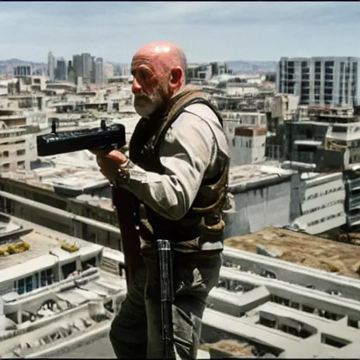 Image similar to film still of mike ehrmantraut aiming with a sniper rifle on a rooftop, 4 k, highly detailed